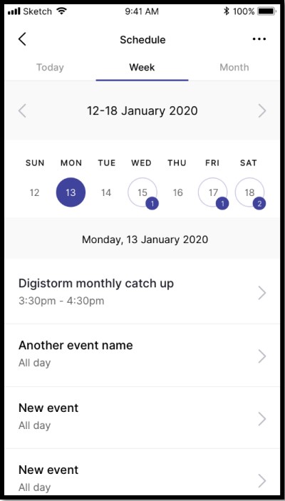 The calendar, by today, week or month