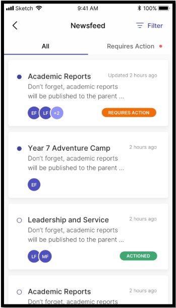 The Newsfeed, showing All and Requires Action