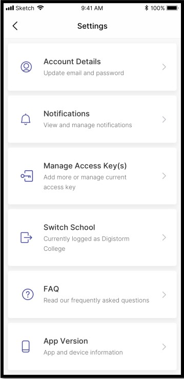 The settings screen